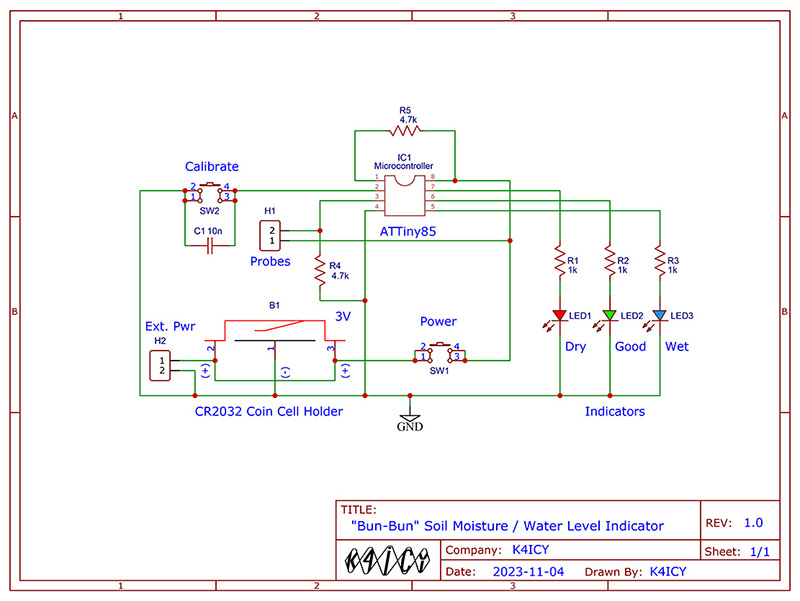 Soil Moisture Sensor, Water Level Indicator Schematic