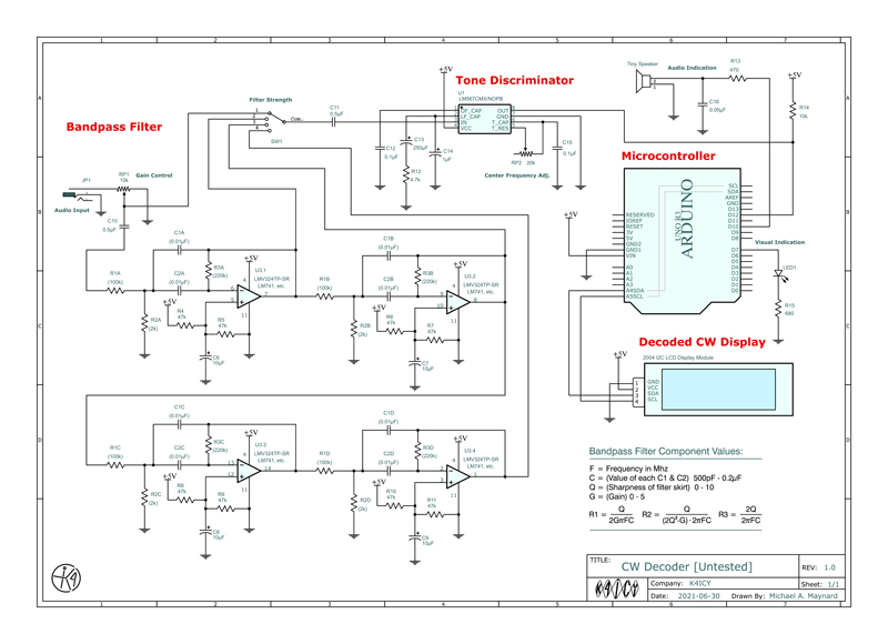 CW Decoder Schematic, K4ICY, Arduino